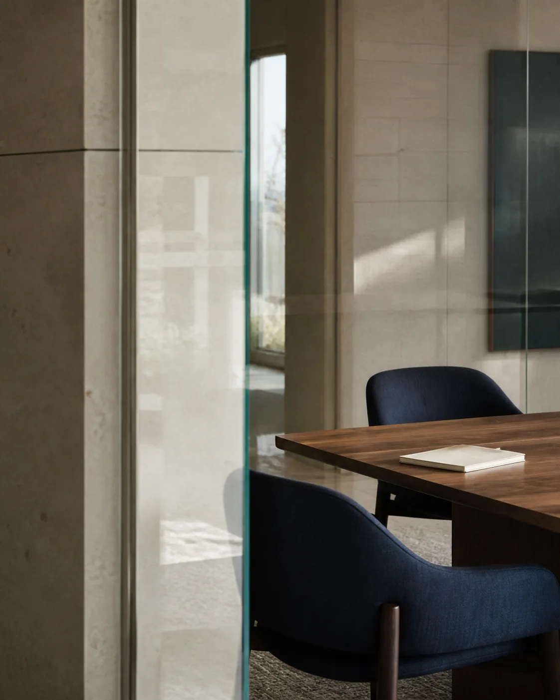 A refined conference room seen through a glass partition