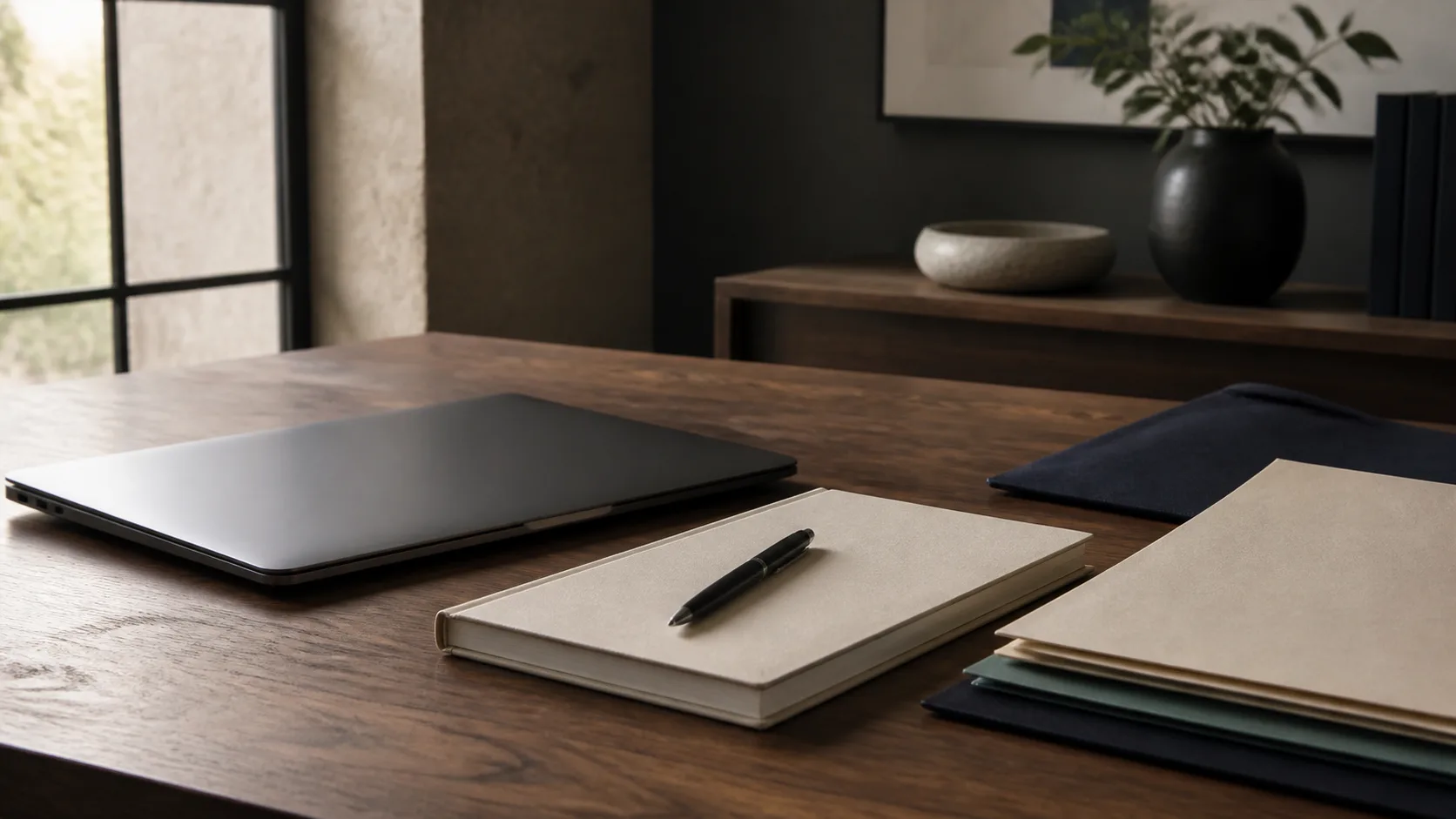 A laptop, notebook, and project materials arranged on a walnut worktable